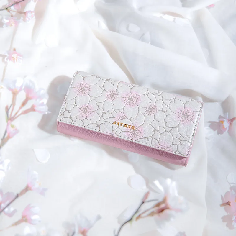 イタリア製 桜柄レザー「サクラ」長財布（かぶせ）