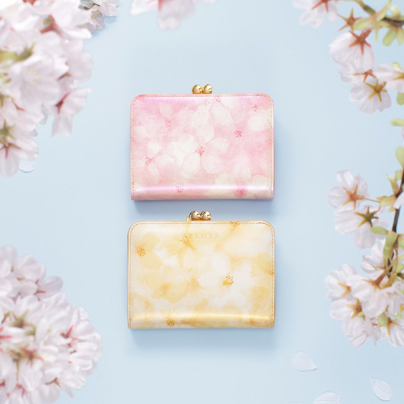 桜柄水彩画レザー「フロレゾン」二つ折り財布（がま口）